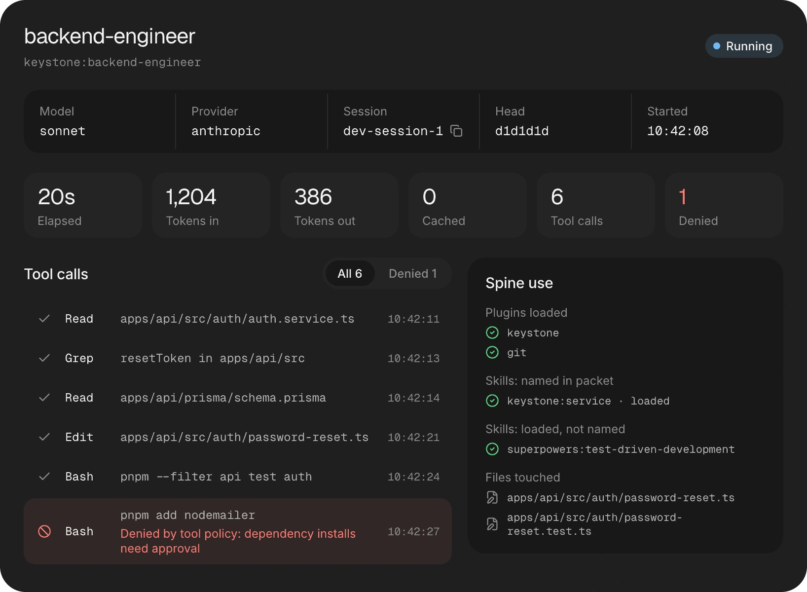 Illustrative agent activity showing a running backend engineer, tool calls, and repository guidance in use.